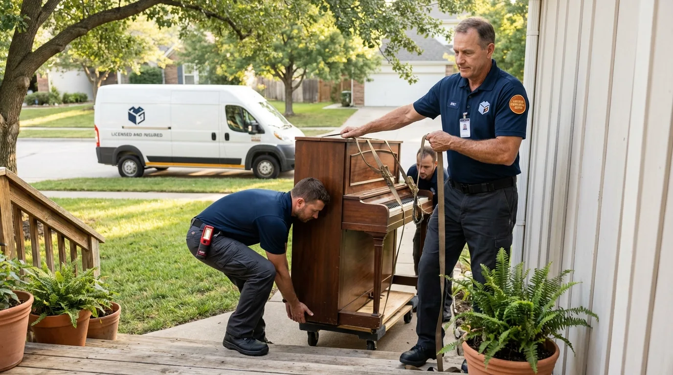 Licensed piano movers securing grand piano in Henderson, TN