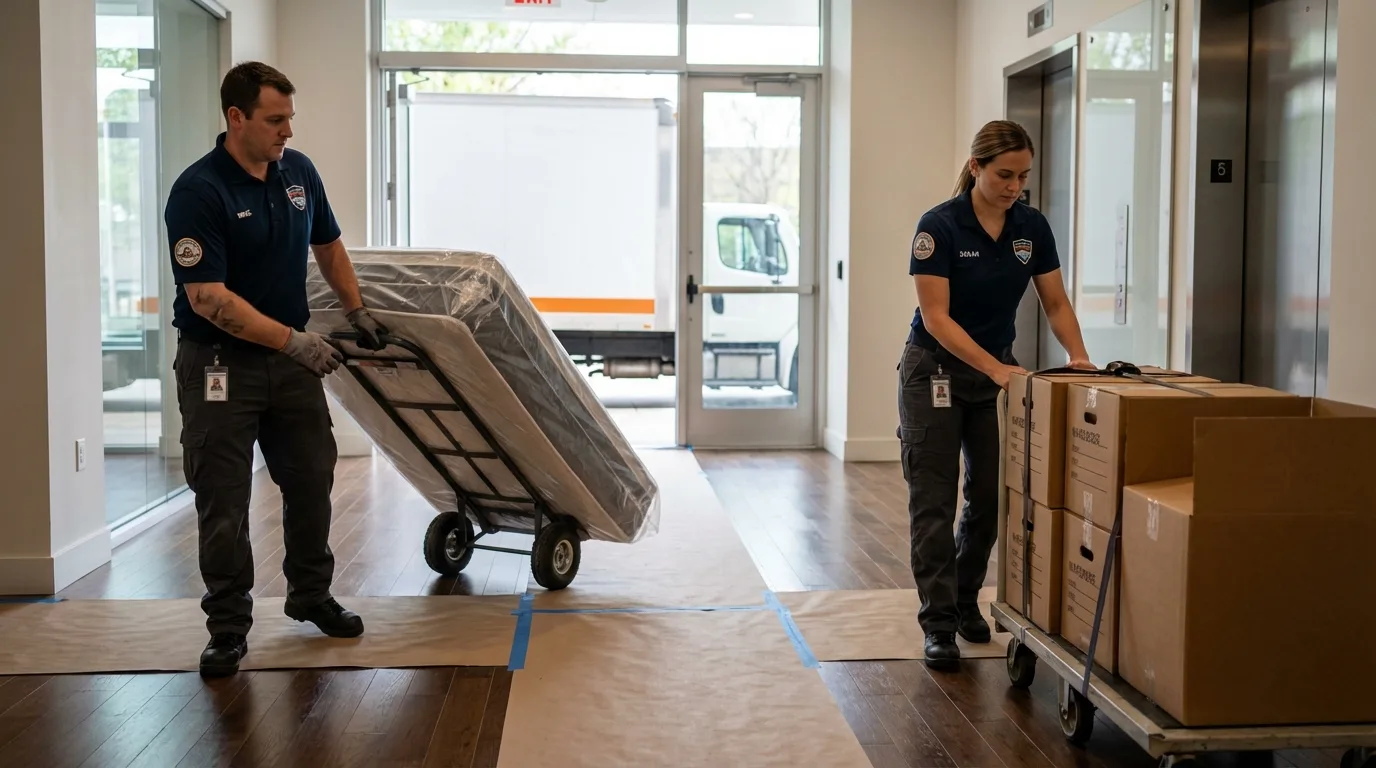 Professional apartment movers loading elevator in Henderson, TN
